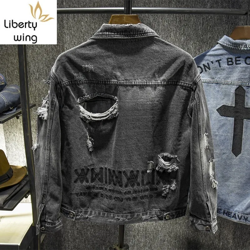 

Spring Autumn Mens Slim Fit Long Sleeve Short Coats Korean Back Embroidery Ripped Hole Streetwear Plus Size Male Denim Jackets