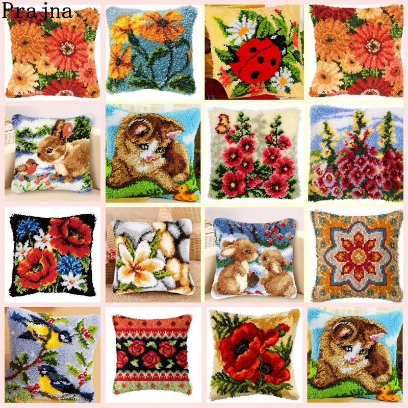 

Plant Animal Series Segment Embroidery Pillow Flowers Grass Coarse Wool Cross Stitch 3D Latch Hook Pillow Embroidery Kit DIY