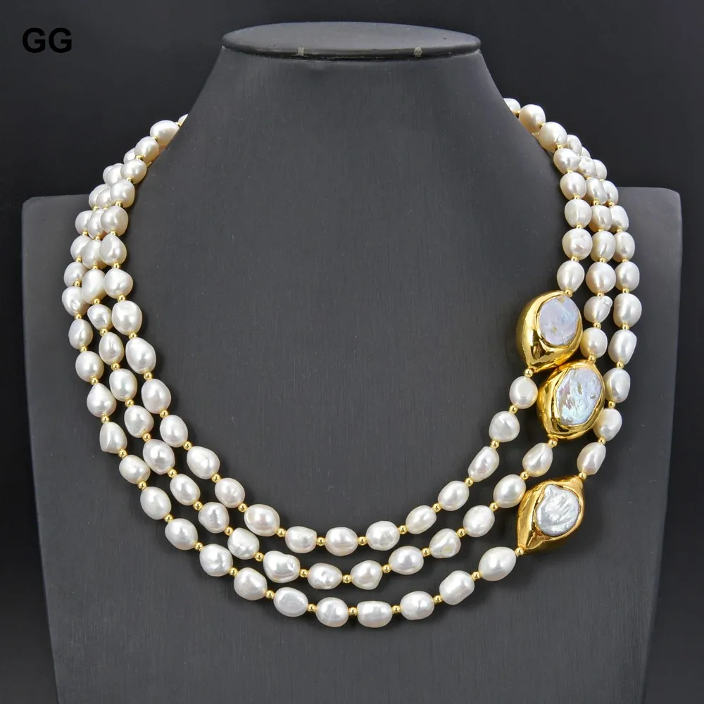 

GG Jewelry 3 Strands 18''-21'' White Baroque Pearl 24 K Gold Color Plated Keshi Pearl Necklace For Women