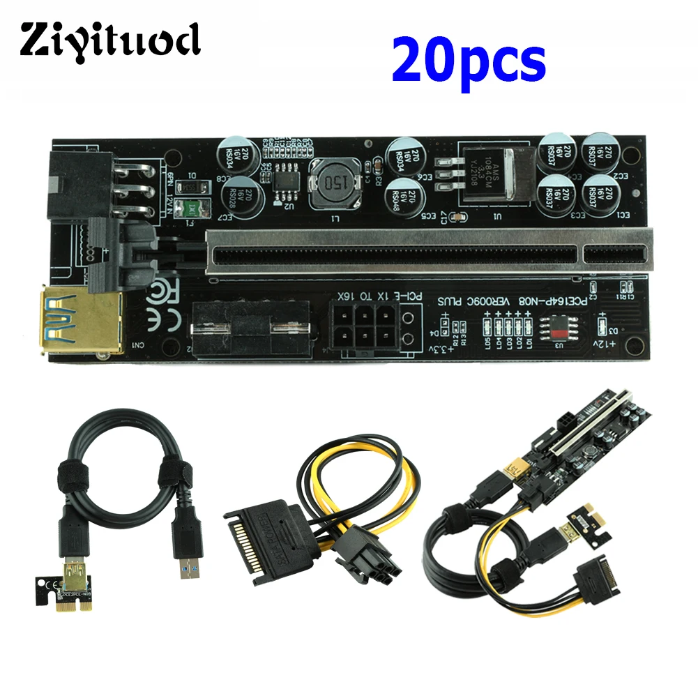 20x PCI-E Riser Card VER009C PLUS LED PCI Express Adapter Cable USB3.0 4pin 6pin Sata 15pin 1X to 16X Extender Power For Mining