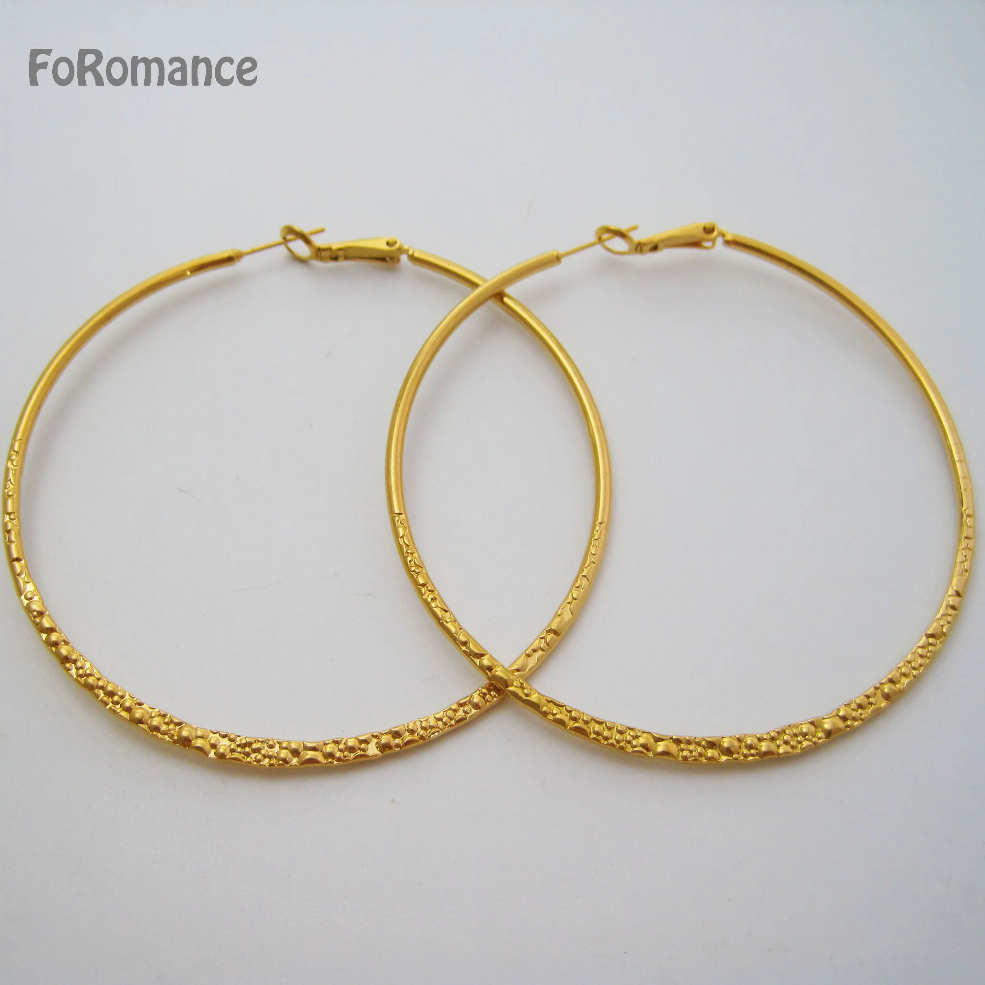 PLAIN BAR WITH BUBBLE HIGH SHINING YELLOW GOLD COLOR ROUND HOOP EARRING DIAMETER 68MM 2.68 INCH