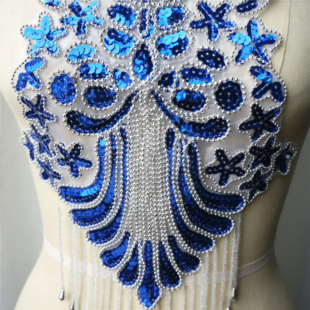 Royal Blue Sequin Lace Fabric Beads Tassel Wedding Gown Appliques Collar Baroque Embroidery Sew Patch For Dress DIY Decoration