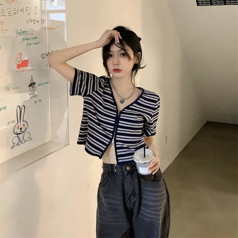 Short Sleeve Crop Top Clothes Korean V-Neck Knitting Sexy Women\'s T-shirt Summer T Shirt Striped Fashion Aesthetic Casual Navy