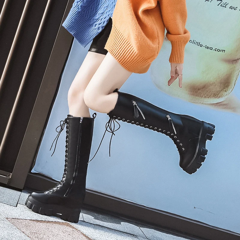 New Winter Women Knee High Boots Wedges High Heels 11CM Platform Lace up Long Boots Plush Inside Warm Fur Shoes Motorcycle Boots