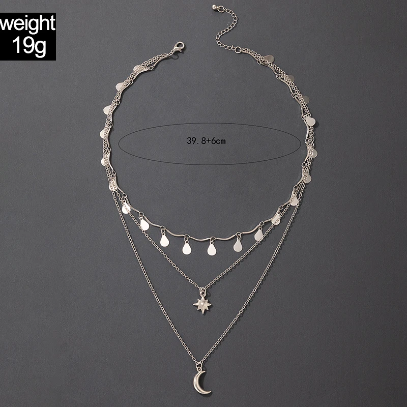 Tocona Boho Moon Sun Pendant Neckalce for Women Charm Silver Color Alloy Metal Multilayer wafer Chain Jewelry Collar 20220