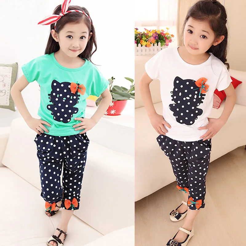 

Clothing set bowknot accessories polka dot printing sweet coatT-shirt + five-point pants baby girl fashion Quality child clothes