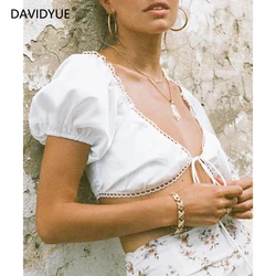 Summer blouse women ruffle shirt vintage crop top elegant tie front tops korean white blouses streetwear short shirts 2020