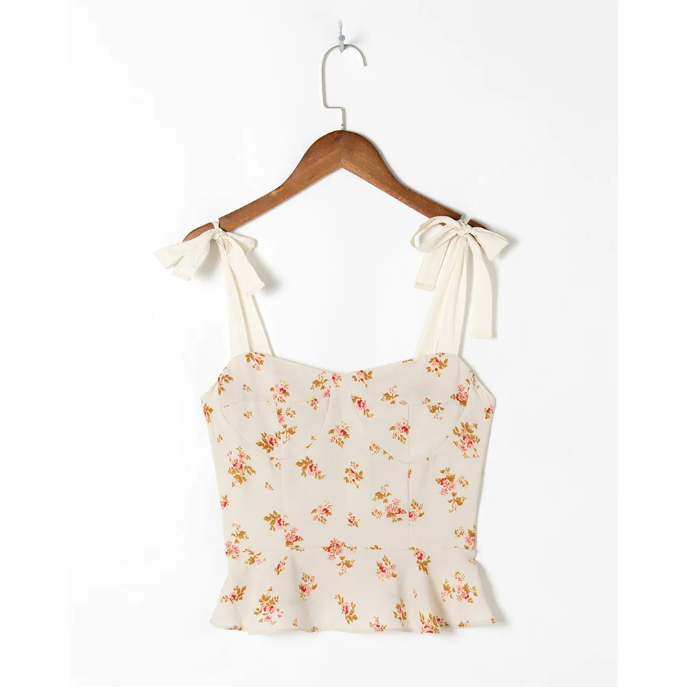 Top corto con estampado Floral Vintage para mujer, Top con escote Corazón, dobladillo con volantes, Top elegante sin mangas con tirantes anudados, Tops sexys para mujer 2021