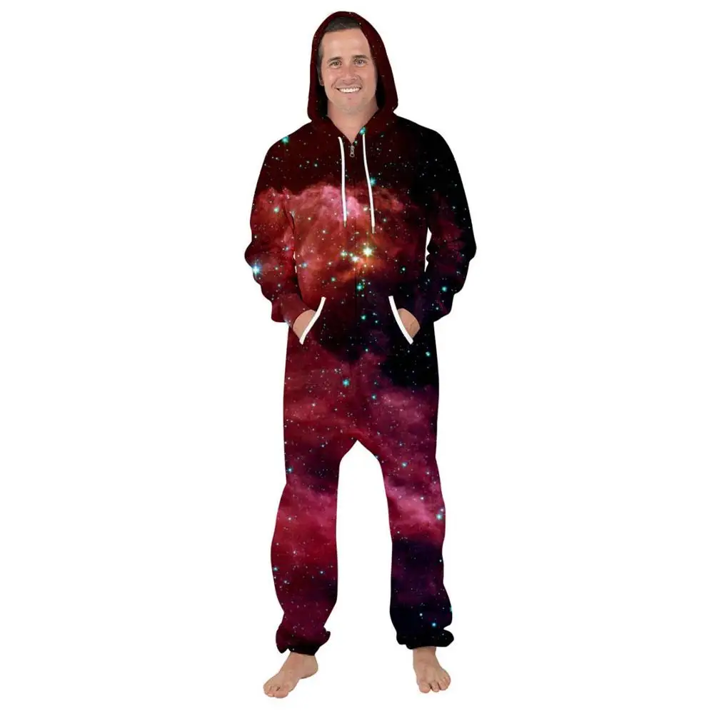 Wanita Galaxry Onesie Jumpsuit Unisex 3D Digital Printing Gaya Longgar Ritsleting Kasual Berkerudung Baju Tidur Pakaian Bermain Lebih Tahan Dr Pakaian