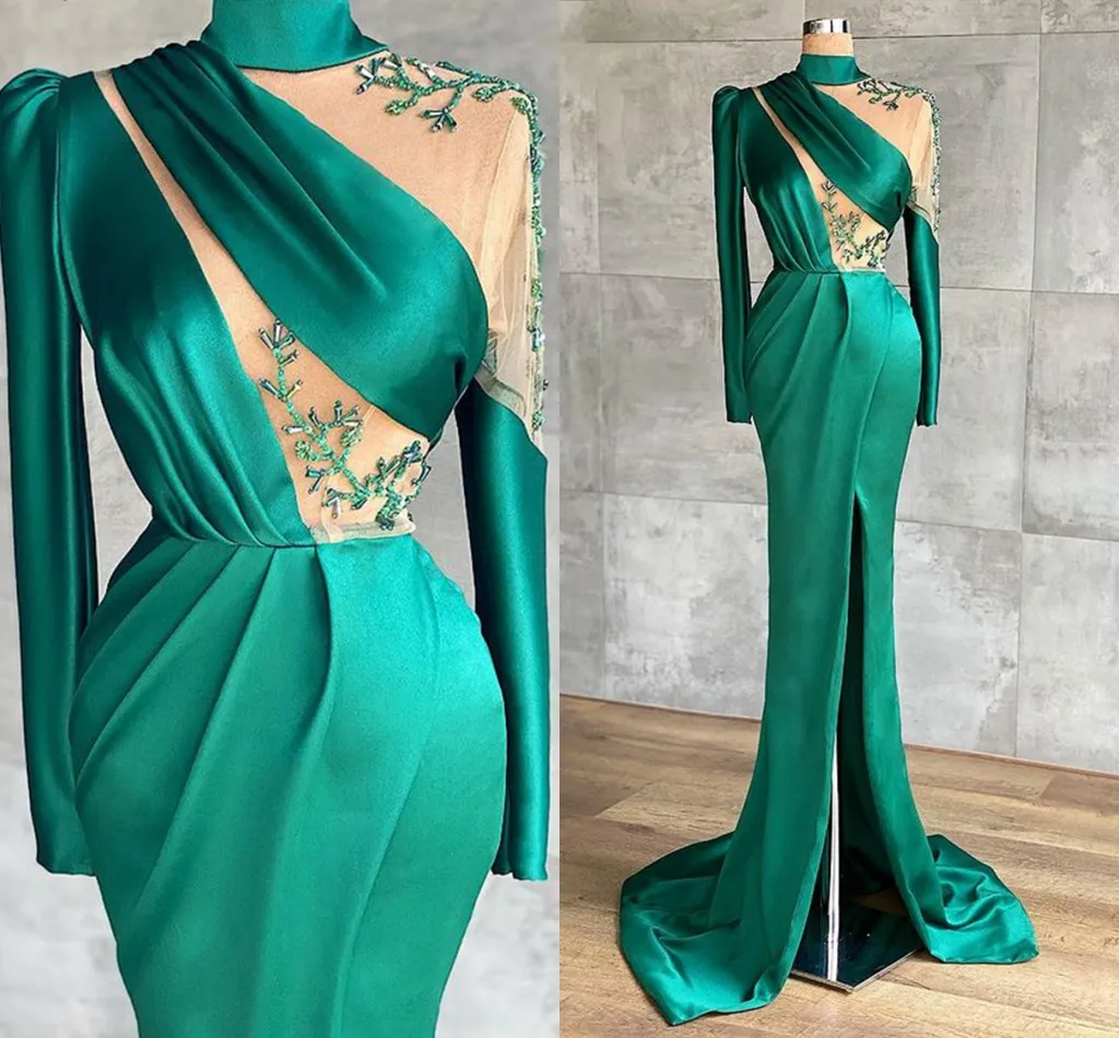 Robe De soirée longue en Satin vert dubaï, Sexy, manches transparentes, col haut, style sirène, fente latérale, robes De bal formelles, 2021