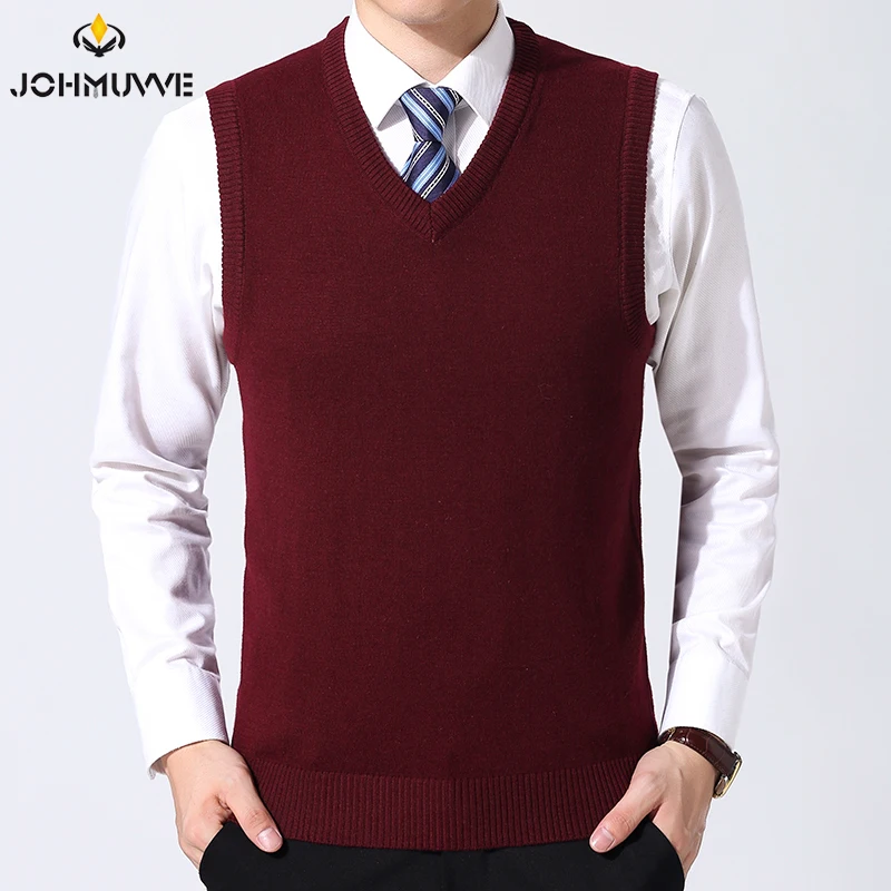 JOHMUVVE  New Men V-neck Vest Trend Retro Solid Color Vest All-match Casual Business Work Woolen Knit Vest Men Autumn