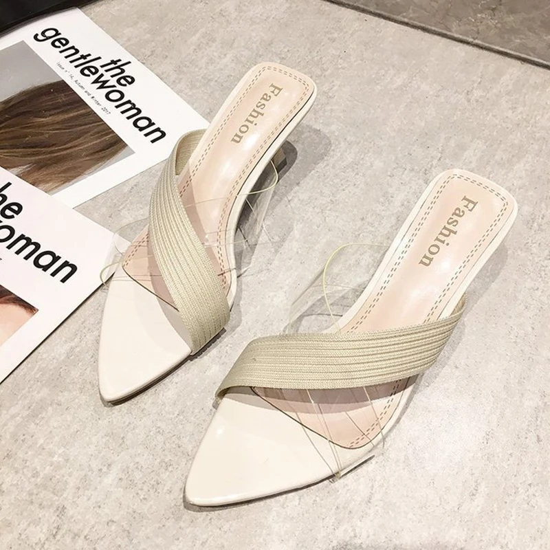 Summer Women Yellow Green Beige Pumps Sandals For Ladies Sexy Mules High Heels Slip-on Slippers Slides Shoes New 2021