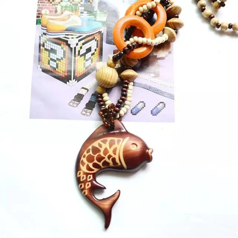 Magic Sun lines Hand Carved Exotic Hollow Round Woody Beaded Pendant Necklace Fashion Jewelry for Women Birthday Gift Present