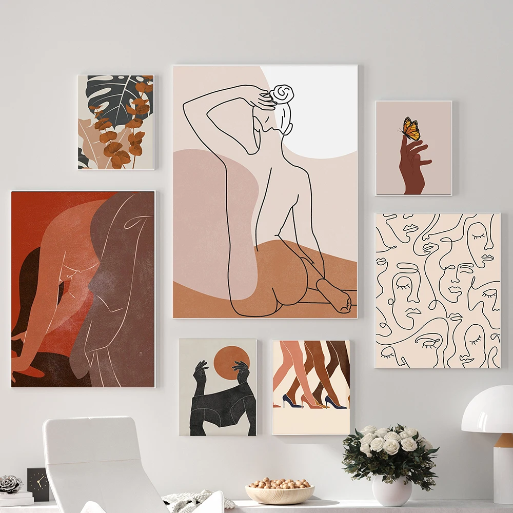

Landscape Canvas Painting Minimal Single Line Face Hair Wall Art Female Bohemian Mid Century Modern Print For Home Decor