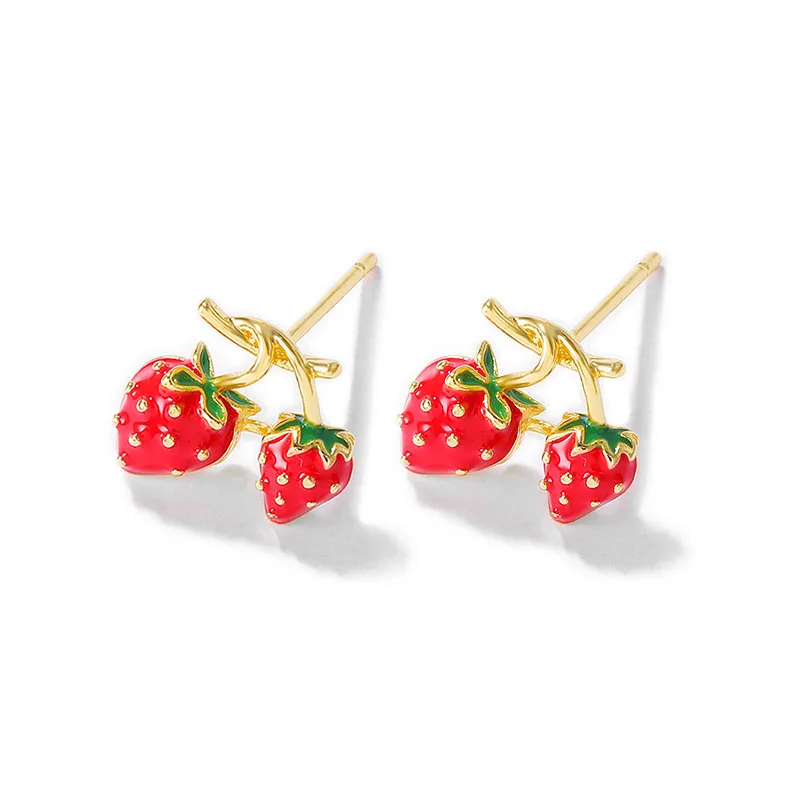 Factory wholesale Brass Strawberries Stud Earrings With S925 SLIVER PIN Earring  Jewelry Making Supplies Diy Accessories