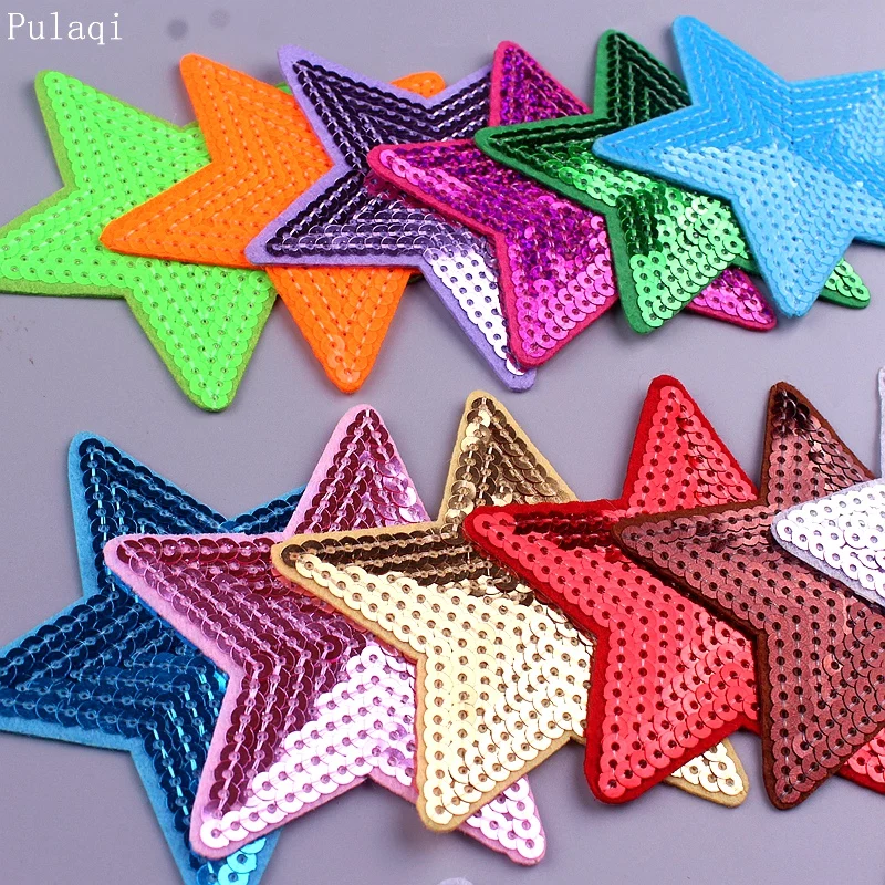 Pulaqi 14 styles Sequined star Patches Sticker On Clothes Iron on Heart Appliqued Sewing Garment Jeans Decor Embellishment DIY