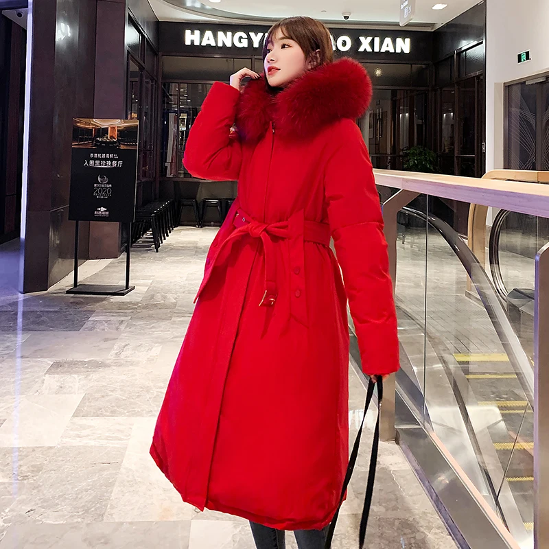 Both Sides Can Be Wear Nice Winter Long Jacket Women Slim Thick Hooded With Fur Collar Sashes Plus Size Parkas Kobieta Kurtka