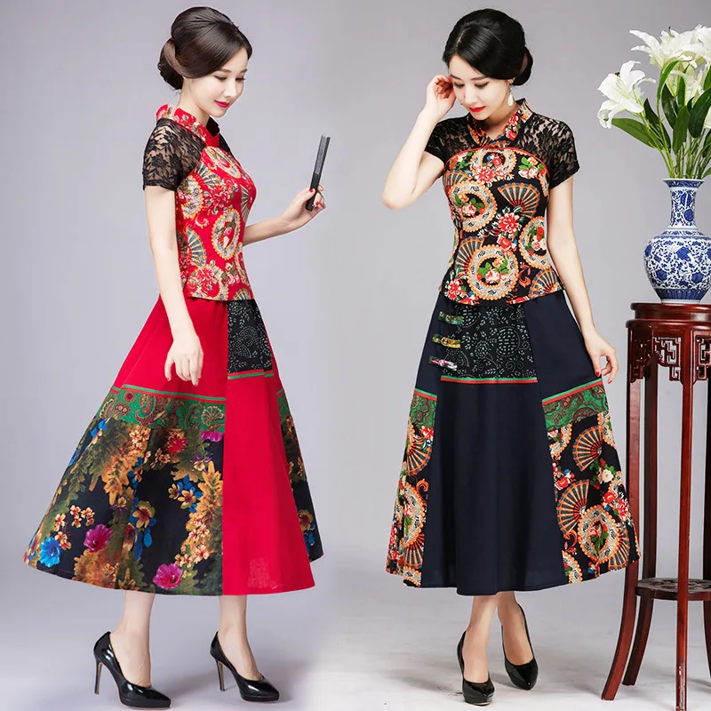 2pcs Set Sexy Women Floral Printing Patchwork Lace Shirt And Skirt Uniform Slim High Quality 6xl Chinese Ethnic Style Clothes