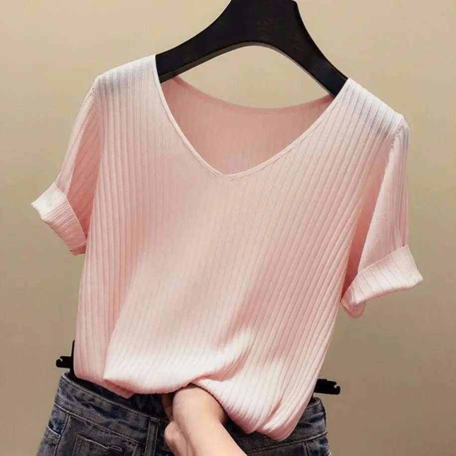 Pink beauty Summer Thin Ventilation Office Lady Cloth Women T-shirts Knitting Crop Short Sleeve Stretchy T-shirt Ice silk Tops 1