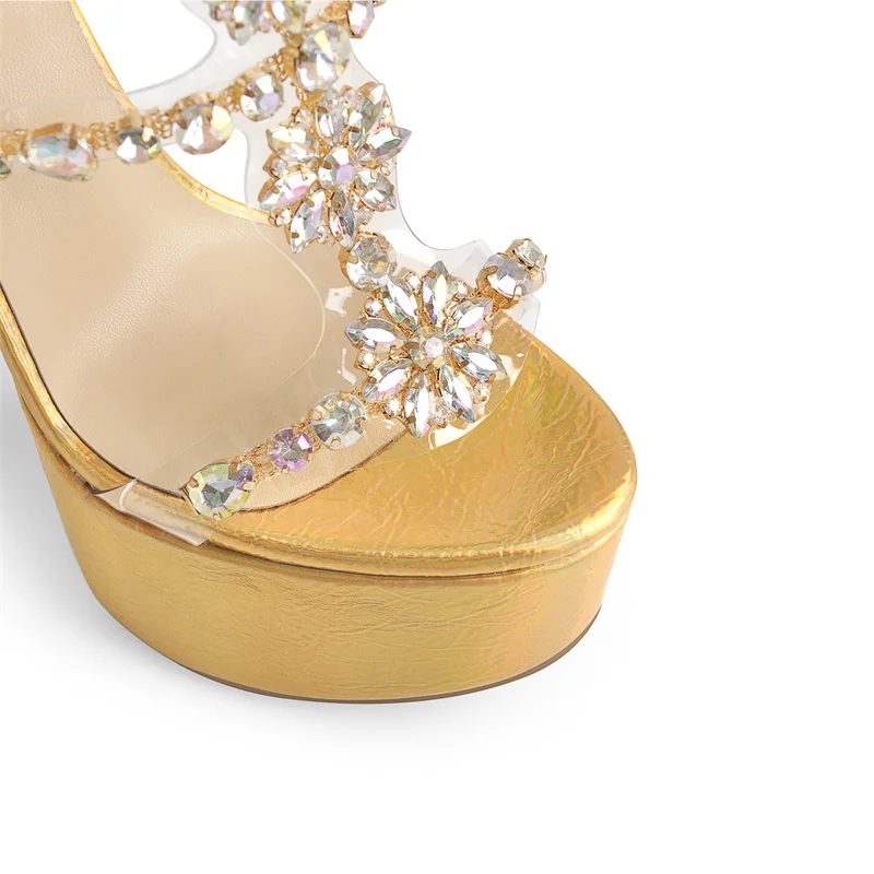 Onlymaker Platform Sandals For Women Round Toe Gold PU Crystal Bordered Cover Heel Clear Metal High Heels Zipper Summer Sandals