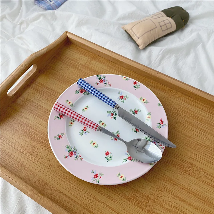 Tableware Dessert Steak Plaid Stainless Steel Ceramic Glossy Blue Red Checked Ceramic Handle Knife Fork Spoon Kitchen Dinnerware