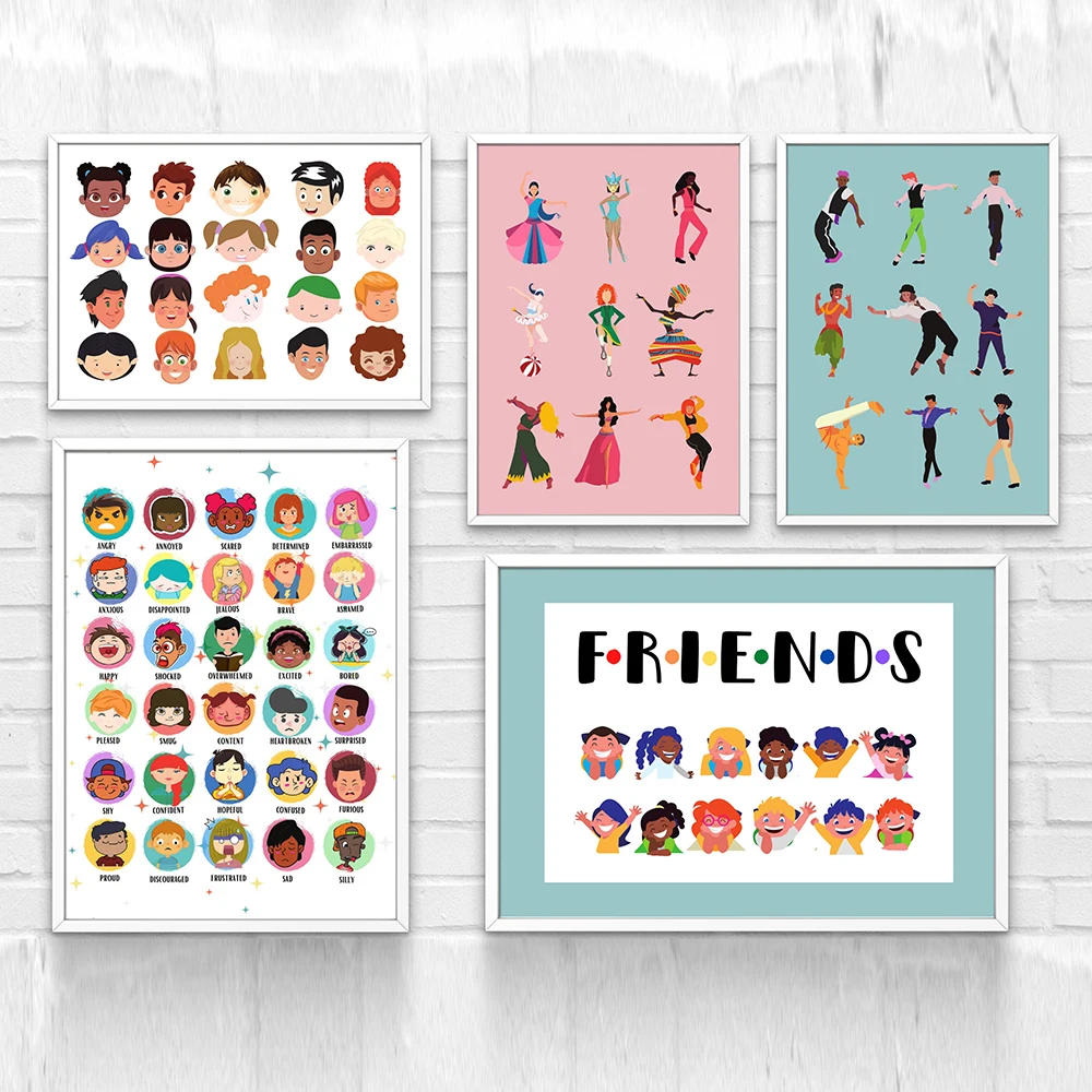 Kids Positive Emotions Prints Feelings Poster Friend Quotes Canvas Painting Wall Art Multicultural Pictures Classroom Home Decor