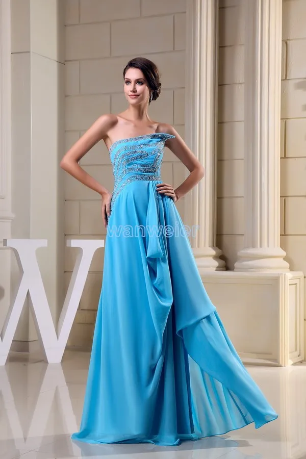 Gratis Verzending Nieuwe Ontwerp Kwaliteit Formele Gown Custom Blue Chiffon Crystal Lange Avondjurk 2016 A-lijn Kralen Prom Gown