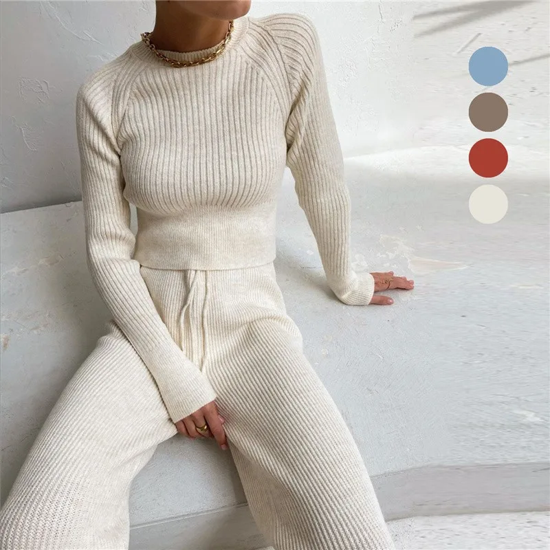 Women\'s Knitted Sweater Spring Autumn Two Piece Sets Casual Long Sleeve Round Neck Striped Suit Top+wide Leg Pants Outfits