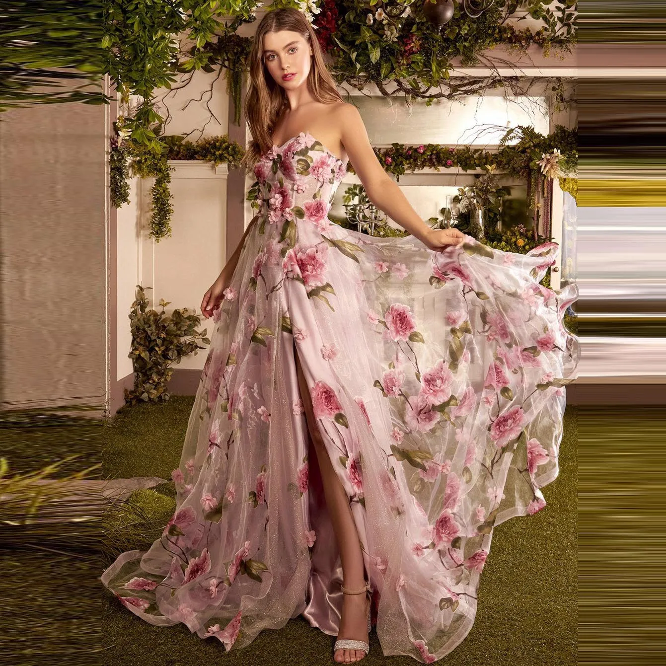 Vestido de novia de moda, vestido de fiesta sin espalda con hendidura en capas de tul, vestidos de noche largos florales con tren personalizado