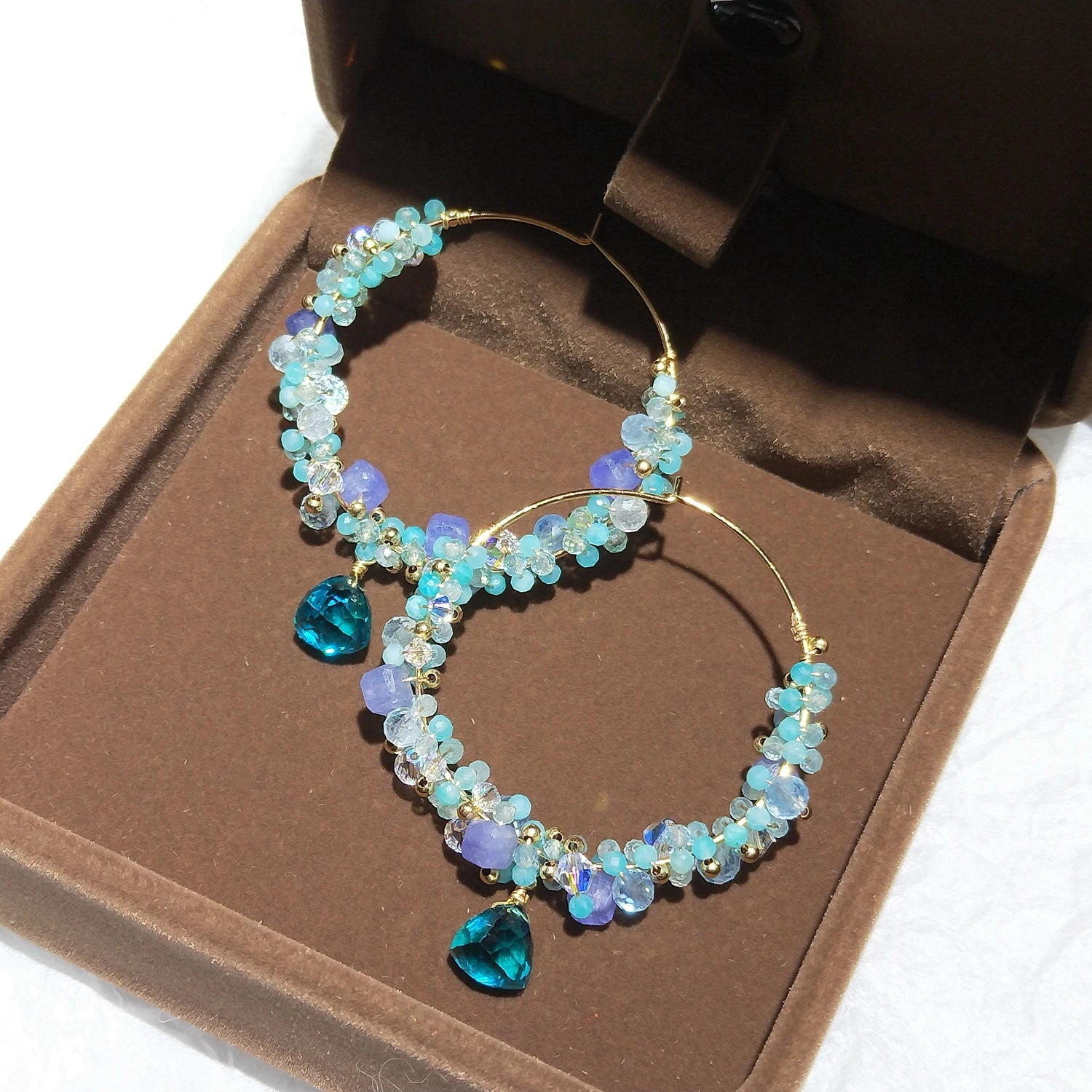 Lii Ji 925 Sterling Silver Gold Plated 40mm Tanzanite Amazonite Aquamarine Apatite Austrian Crystal Big Hoop Earrings