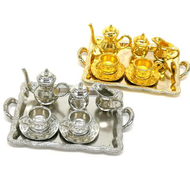 10 Stks/set Miniatuur Metalen Thee Poppenhuis Meubels Miniatuur Dining Servies Speelgoed Poppenhuis Theepot Cup Plaat