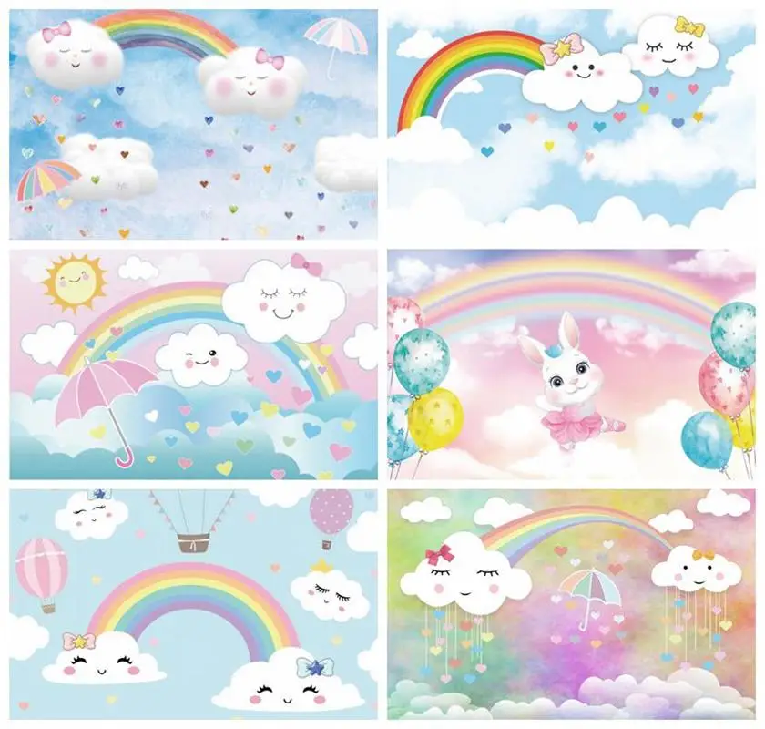 

Laeacco Birthday Party Backdrops Sky Clouds Rainbow Stars Balloons Kids Newborn Photography Backgrounds Baby Shower Photocall