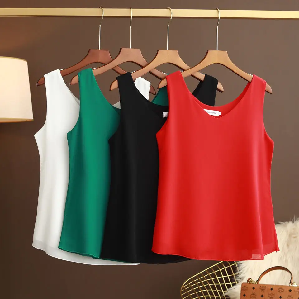 2023 New Summer Women Blouse Loose V-Neck Chiffon Shirt Female Sleeveless Blouse Oversize Shirts women tops and blouses Top