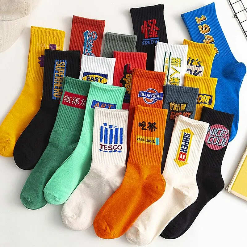 Korean Style Casual Harajuku Street Skateboard Women Funny Socks Happy Breathable Chinese Character Letter Girls Ladies Socks