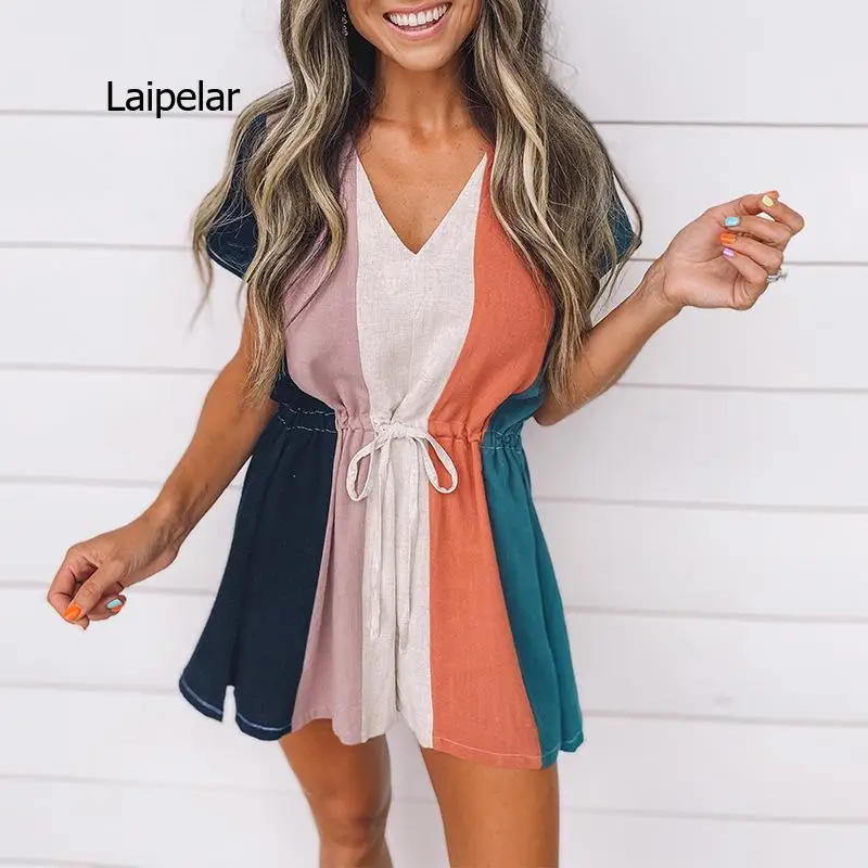 Colorfull Striped Short Sleeve Boho Playsuit Romper Spring Summer Women Beach Playsuit Elegant V Neck Romper Fashion Clothing