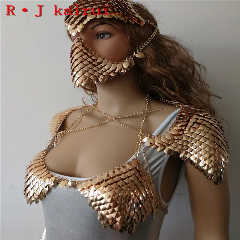 

New Fashion WRB1012 Scalemail Mermaid Fish Scales Head Chains Layers Scale Chainmail Gold Fish Scale Head Hair Chains Jewelry