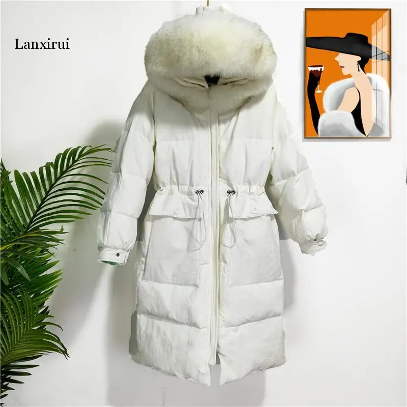 Fur Winter Down Jacket Women Hood Coat Fur Collar Green/pink/black Casual Long Slim Warm Women Parkas snow