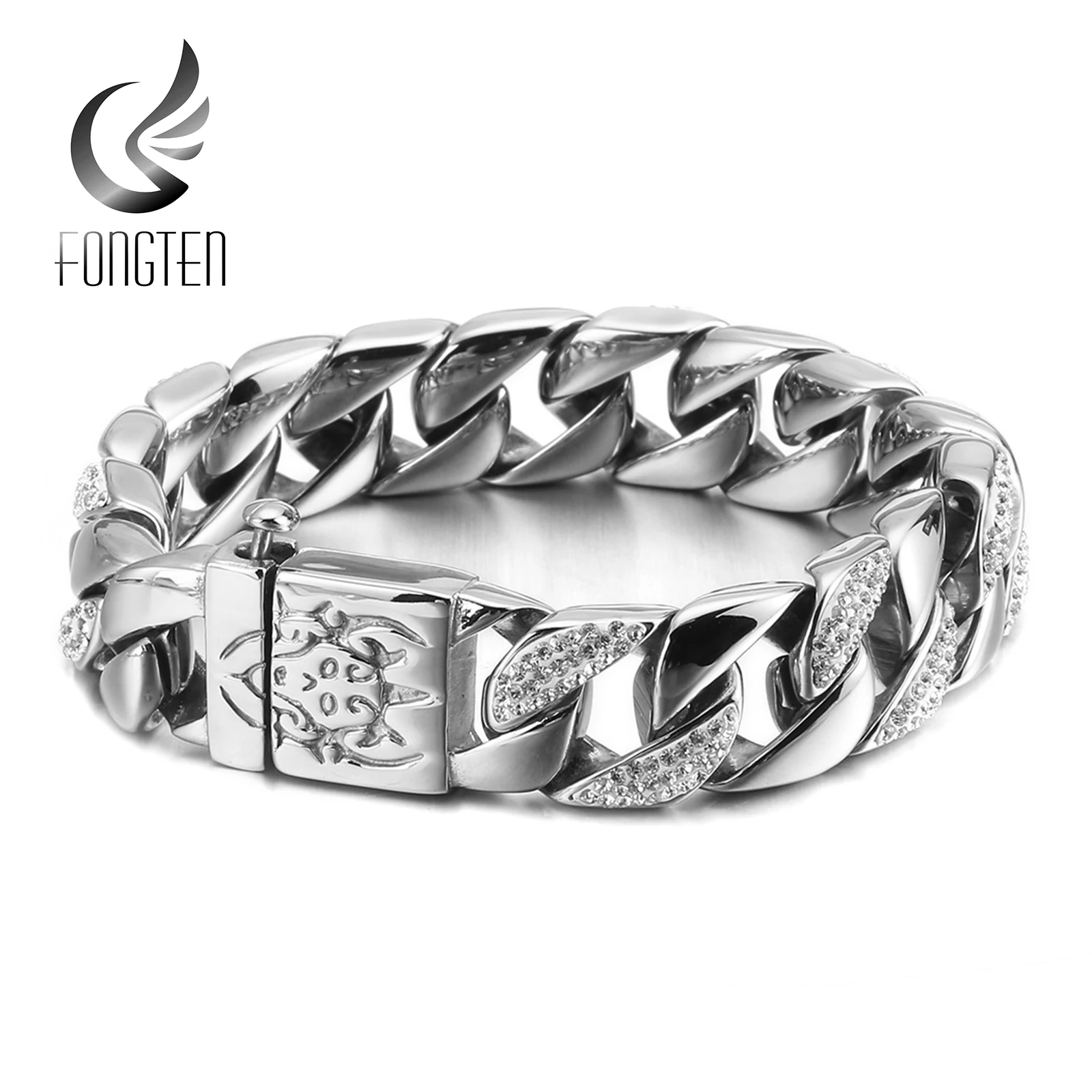 Fongten Vintage Cuban Men Bracelet Stainless Steel Link Chain Punk Charm Male Bracelets Jewlery