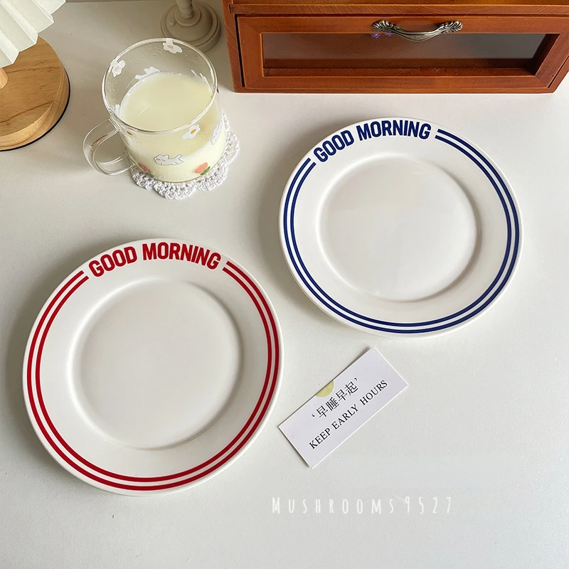 Good Morning! Korean Coffee Shop Retro Girl Heart English Alphabet Simple Ceramic Breakfast Plate Household Dish Dessert Plate