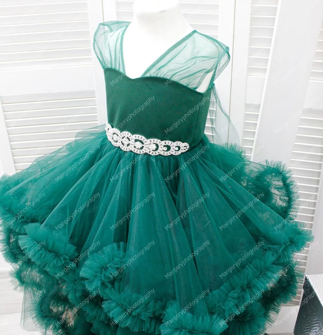 Charming Green Tulle Girls Dresses For Party Photo   Shoot Crystals Waistband Ruffles Pleated Mini Flower   Girls Gowns