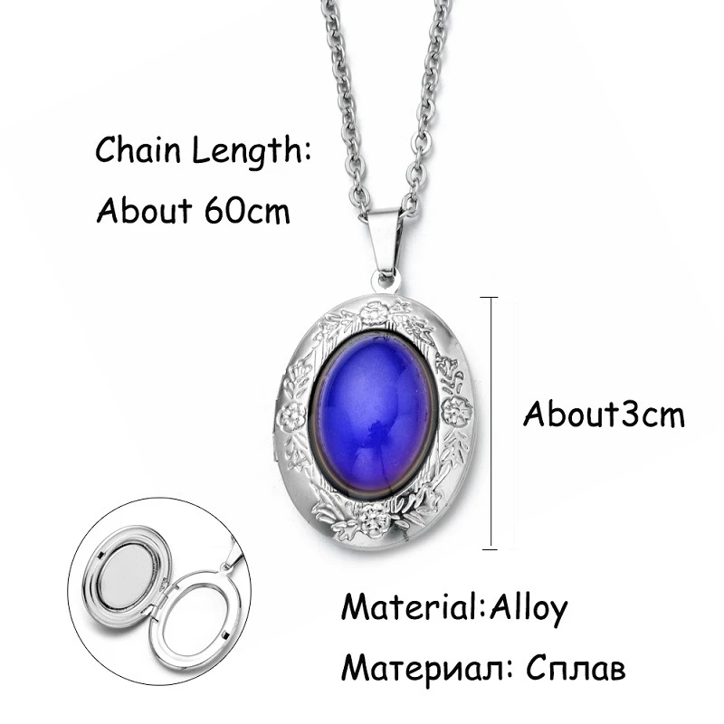 Silver-plated Chain Oval Floating Photo Locket Necklace Classic Temperature Change Color Mood Pendant Open Necklace Xmas Gift