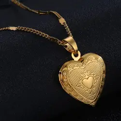 Trendy Gold Color Heart Locket Pendant Necklace with Engraved Cute Heart Chain Jewelry