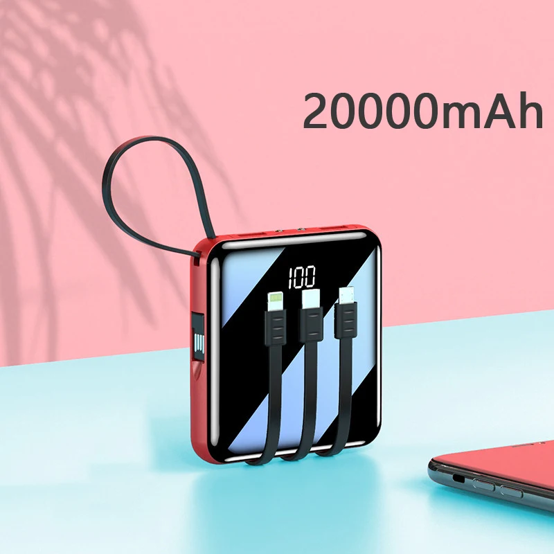 

Mini Power Bank 20000mAh Cell Phone Portable Charger with Cable LED Light Powerbank For Xiaomi External Mobile Battery Poverbank