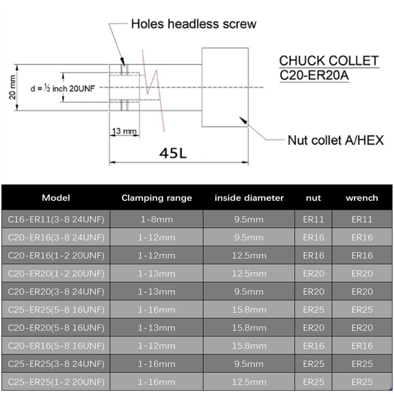 Mandrin pour machine à graver, porte-outil et broche de moteur, er11, er16, er20, er25, c16, c20, c25, 1/2, 3/8, 5/8, 1/4