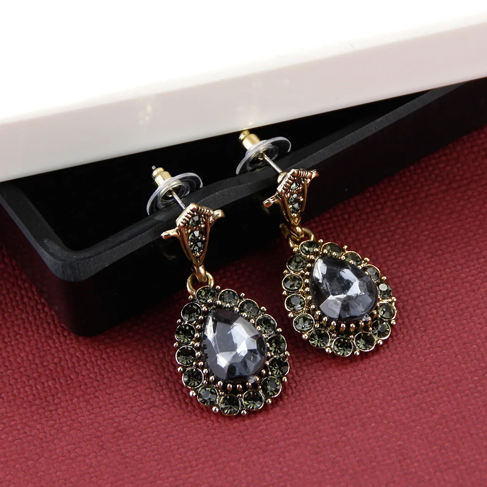 Sunspicems 2021 Bohemia Women Earring Small Full Grey Crystal Antique Gold Color Turkish Vintage Party Bridal Jewelry Gift