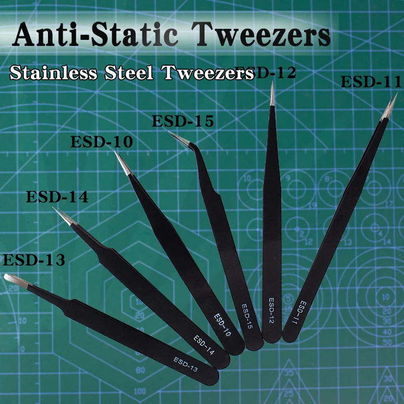 Pinzas antiestáticas de precisión de acero inoxidable, herramientas de reparación para electrónica, Punta curvada recta, ESD 10/15, 1,5mm