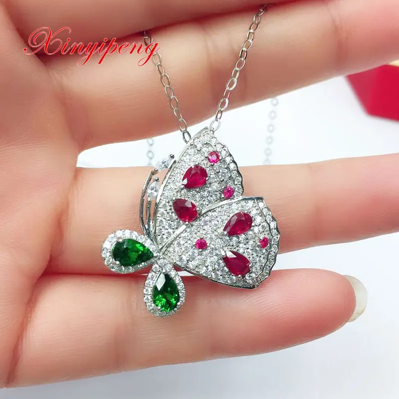 Xin Yipeng S925 sterling silver plated white gold inlaid real natural ruby diopside pendant necklace fine holiday gift For women