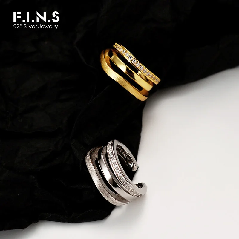 

F.I.N.S 1PC Korean Original Design S925 Sterling Silver CZ Paved Ear Clip Hollow Brushed Line Layered Wide Ear Cartilage Cuff