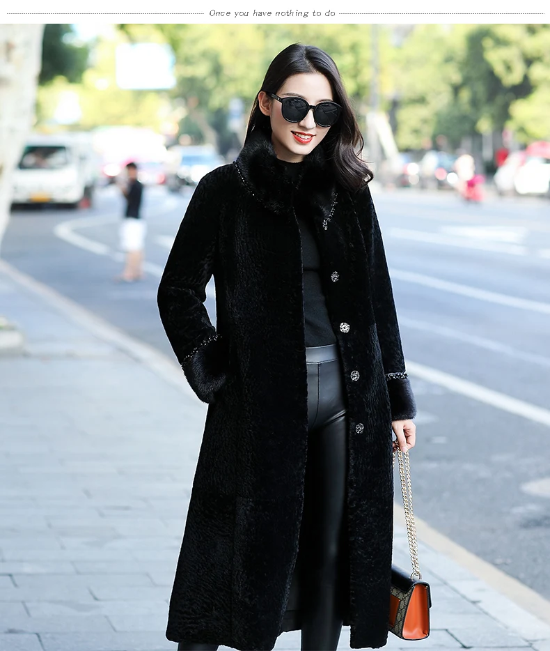 

Real Wool Fur Coat Female Mink Fur Collar Sheep Shearling Fur Winter Jacket Women Luxury Full Pelt Fur Long Coats MY3685