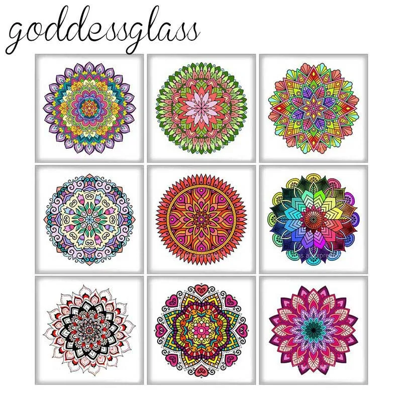 New Colorful Bohemia flower patterns Square 10pcs mixed 12mm/20mm/25mm/30mm photo glass cabochon demo flat back Making findings